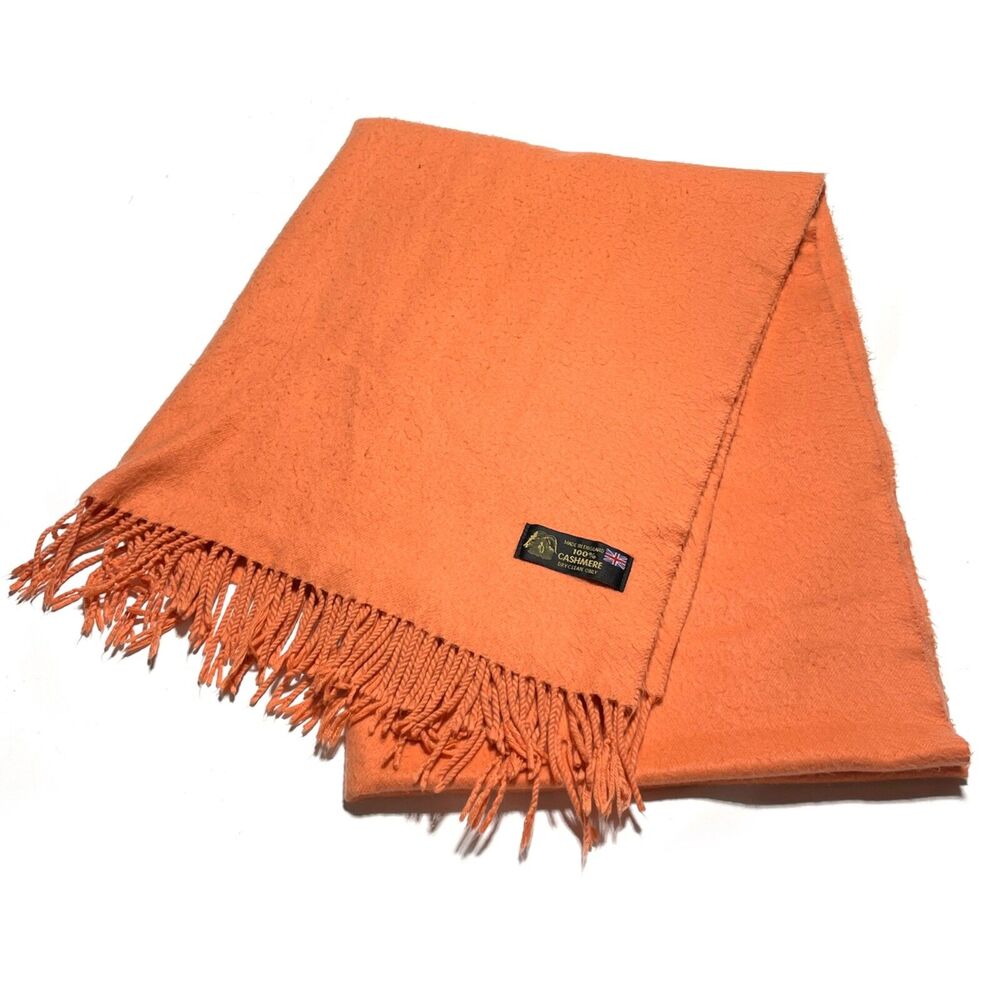 Designer Vtg 100% Cashmere Scarf Shawl Pumpkin Made In England 28” x 72” Fringes